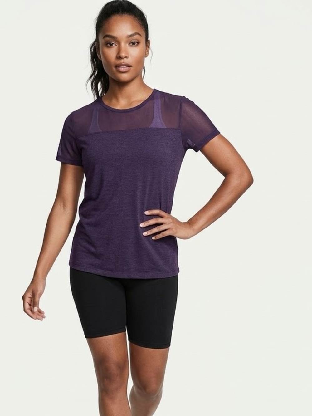 Victoria Sport Dark Purple Mesh Yoke Athletic Short Sleeve Tee M